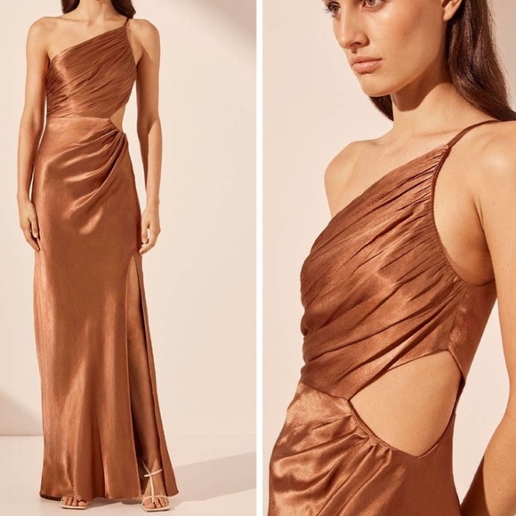 Shona Joy Dresses & Skirts - Shona Joy x Free People LA Lune Asymmetrical Bronze Satin Maxi Dress